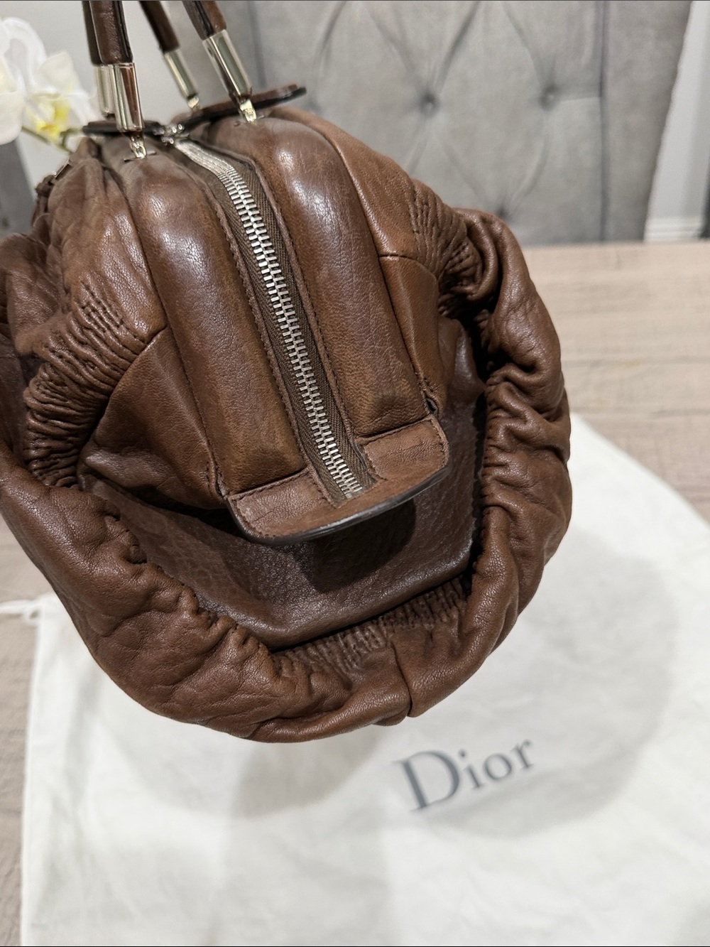 Dior Chocolate Brown Pebbled Leather Top-Handle Satchel - Picture 5 of 9